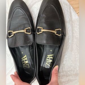 Zara Black Leather Loafers with Gold-Tone Bit